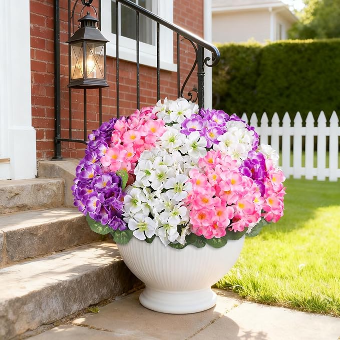 Artificial Geraniums Flowers for Outdoors, 6 Bundles Realistic Silk Fake Geranium, No Fade Faux Plants for Hanging Baskets, Window Boxes, Planters - Porch, Patio, Garden Decor(Mix Colors) AmberFun
