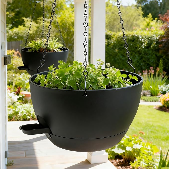 WOUSIWER Self Watering Hanging Planters, 2 Pack 10'' Plastic Pots with Drainage Holes & Reservoir Tray (Black) | Indoor & Outdoor Use for Ferns, Ivy, Herbs, Succulents WOUSIWER