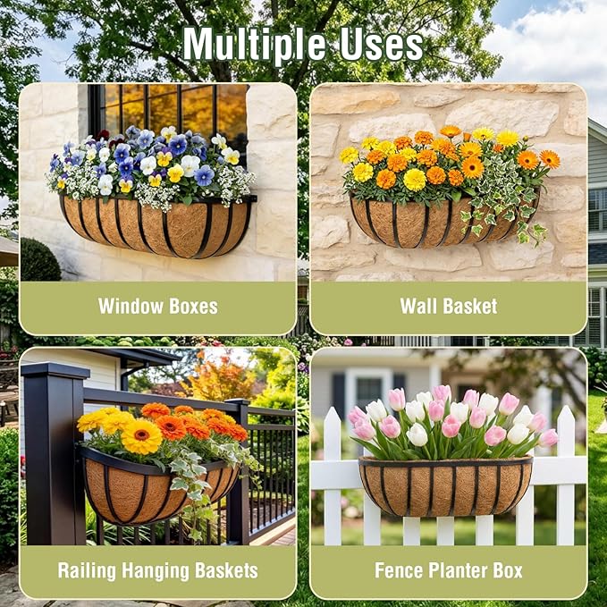 2 Pcs 36 Inch Trough Coco Liner for Window Box, 100% Natural Half Moon Coconut Coir Planter, Replaceable Coconut Fiber Liner for Window Boxes & Fence Flower Baskets (2, 36 inch) Rootora