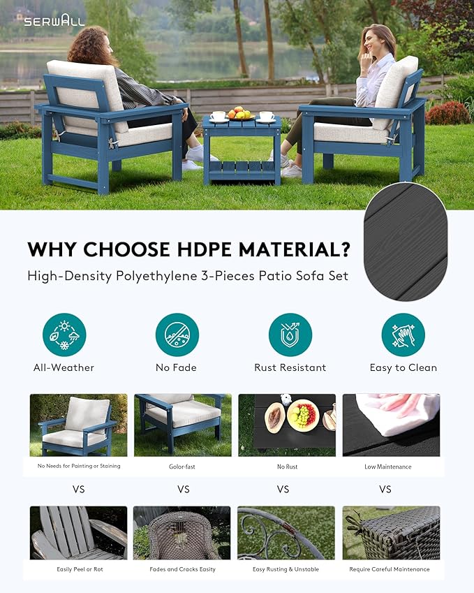 SERWALL HDPE Patio Sofa Set, 3-piece Sectional Outdoor Furniture Set, All Weather Outdoor Couch Set Patio Furniture Set for Deck, Lawn, Blue Frame with Khaki Cushion SERWALL
