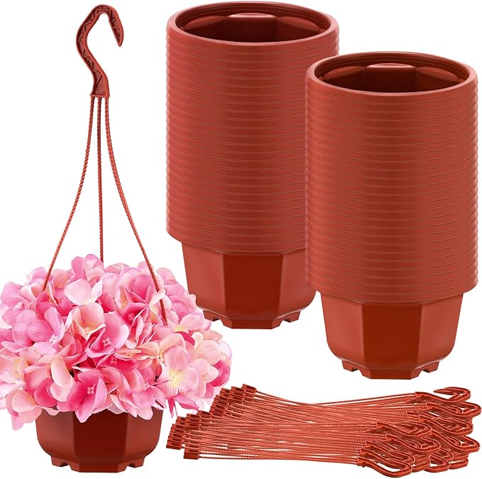 Roshtia 50 Pcs 5.9 inch Plastic Hanging Plant Pots with Hooks Flower Pots Baskets Outdoor Hanging Nursery Planter Holder for Home Garden Balcony Porch(Brown, 5.9 inch) Roshtia