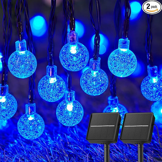 Solar String Lights Outdoor Waterproof, 2 Pack 60 LED 36.5 FT Each, 8 Lighting Modes Solar Powered Patio Lights for Garden Yard Porch Wedding Party Decor (Blue) Brightown