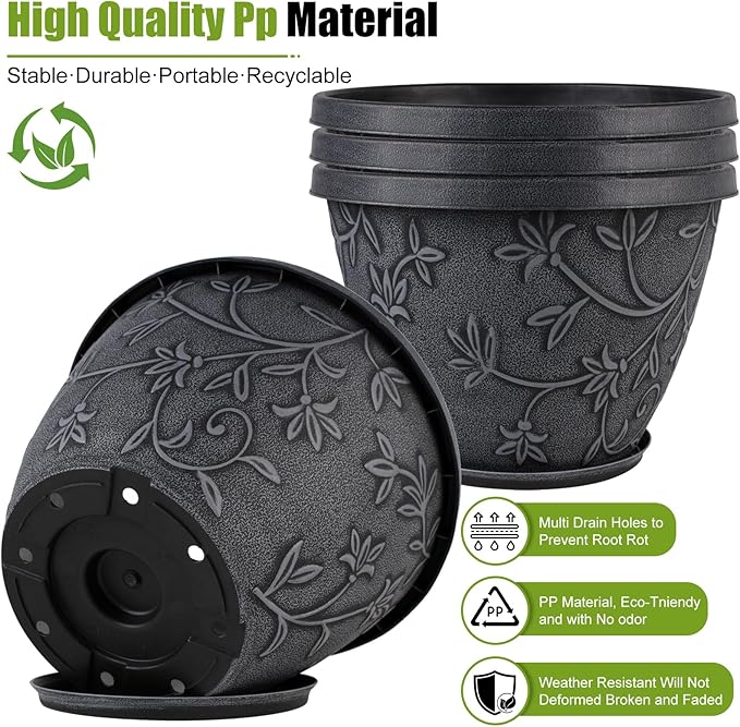 4 Pack 16 Inch Large Plant Pot for Outdoor, Plastic Flower Pot Indoor with Drainage Hole & Saucer, Modern Decorative Garden Pot, Imitation Magnolia Garden Pots for House Planters（Gray） Nooulap