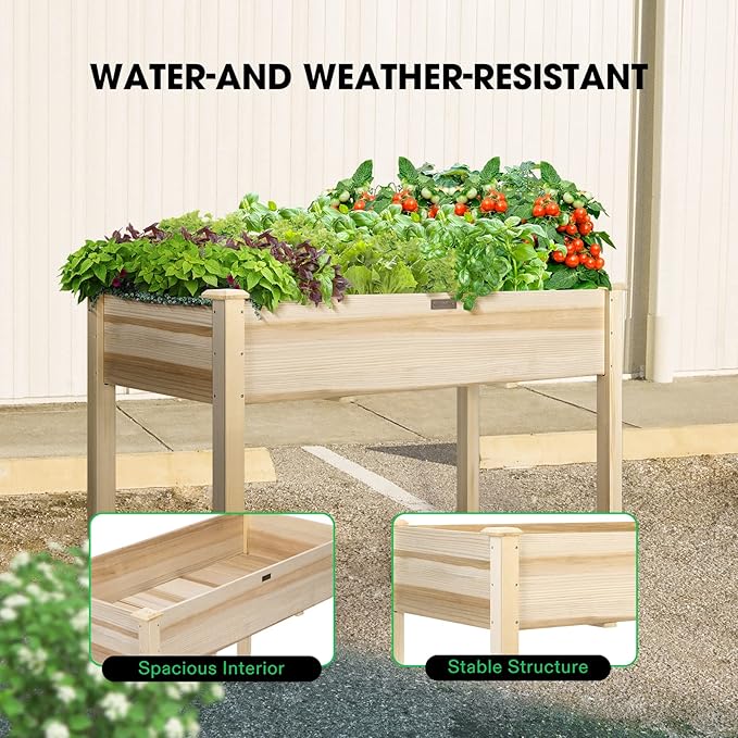 VIVOSUN Elevated Wooden Raised Garden Bed, 48 x 24 x 30 Inches, Outdoor Wood Planter Box w Bed Liner and Gloves for Garden, Patio, Balcony, Backyard and Outdoors, 220-Pound Capacity VIVOSUN