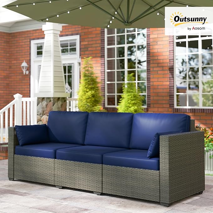Outsunny Patio Couch PE Wicker Deep Seating Outdoor Sofa with Removable Cushions, 3 Seater Rattan Sofa, Outdoor Furniture for Balcony, Deck, Garden and Poolside, Navy Blue Outsunny
