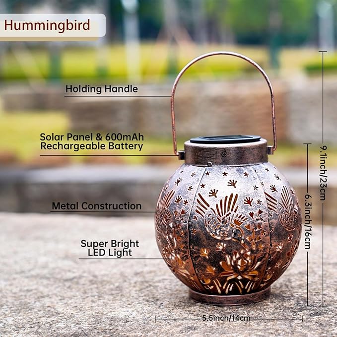2 Pack Outdoor Solar Hanging Lantern Lights Metal LED Decorative Lamp for Garden Patio Courtyard Lawn and Table with Hollowed-Out Design (Bronze Hummingbird) ExcMark