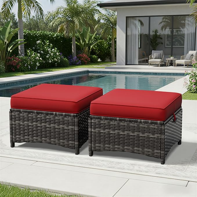 Joyside Outdoor Ottoman Set of 2, Patio Large Ottoman Foot Rest with Thickened Cushions, Outdoor Wicker Foot Stool for Porch, Deck Use Joyside