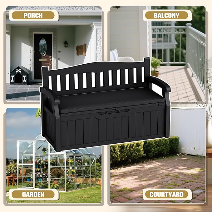 80-Gallon Outdoor Storage Bench with Cushion, Lockable Waterproof Deck Box with Armrests for Patio, Garden, Pool, Black Acurax