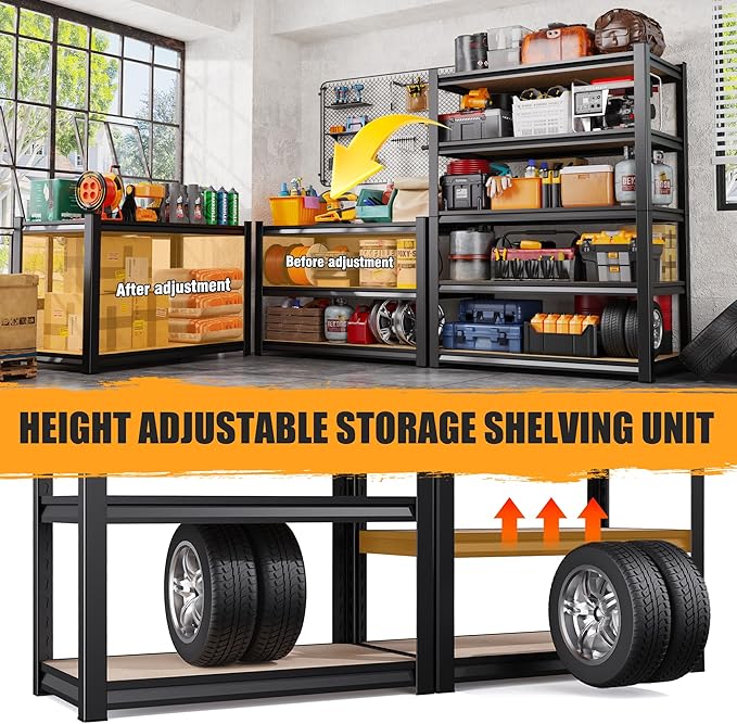 AOAORRG Set of 5 Garage Shelving Heavy Duty Storage Shelves, Metal Adjustable Shelving Unit, Utility Garage Organizer Shelf for Basement, Pantry, Kitchen, Warehouse, 45.6" Wx19.7 Dx78 H Rootora