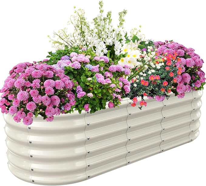 17" Tall Elevated Oval Metal Raised Garden Bed - 5ft x 2ft in Size and 0.8MM Thick Durable Planter Bed/Box for Vegetables Flowers Succulent at Patio/Garden Outdoor (White, 5X2X1.4 FT) TBMLC