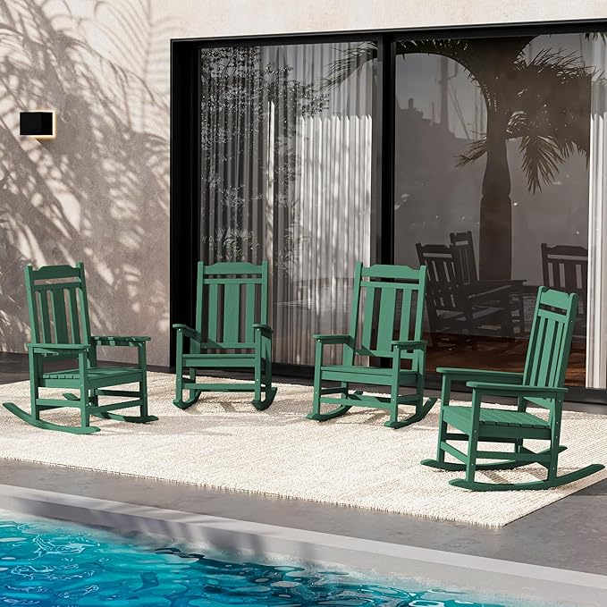SERWALL Outdoor Rocking Chair Set of 4, Patio Rocking Chairs Set, HDPE Rocking Chair Outdoor for Adults, Heavy Duty Front Porch Rocker, Green SERWALL