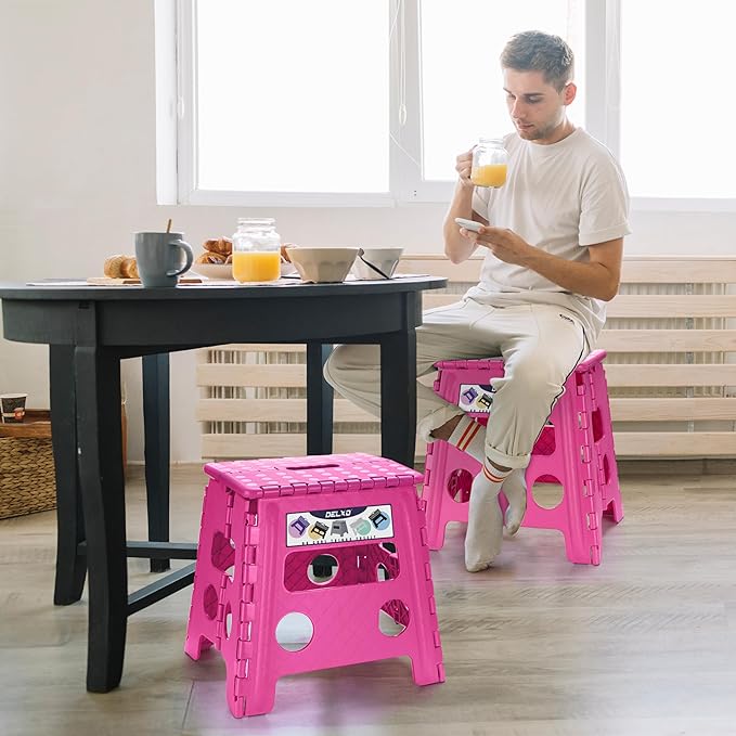 Delxo Folding Step Stool, 13 inch Non-Slip Foldable Stools for Kids & Adults Up to 300 LBS, Step Stool with Handle, Lightweight for Kitchen, Bathroom, Bedroom, Garden, Rose Pink, 1PC Delxo