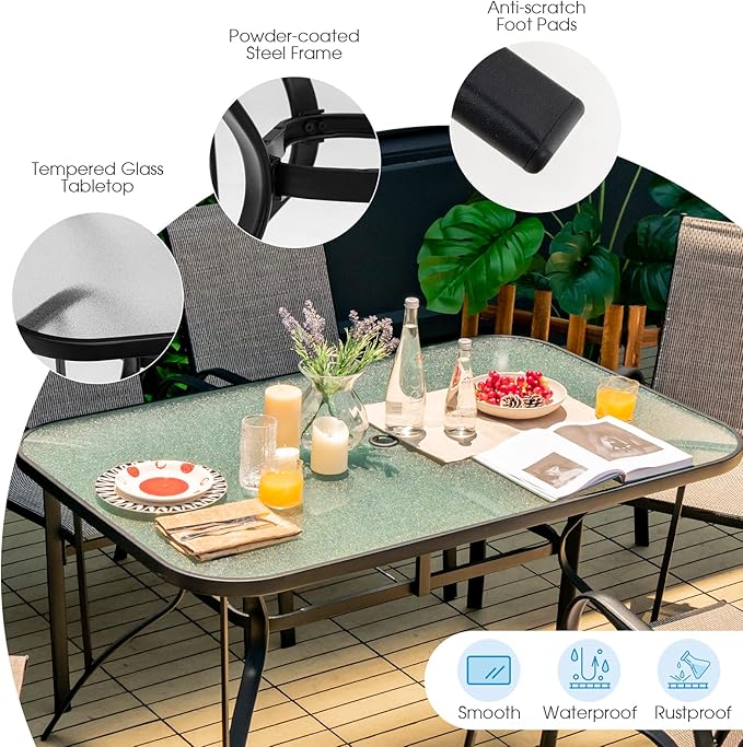 Tangkula 55" Patio Dining Table for 6, Rectangle Outdoor Dining Table with Tempered Glass Tabletop, Umbrella Hole & Metal Frame, 6-Person Outside Dining Table for Backyard, Lawn, Deck & Poolside TANGKULA