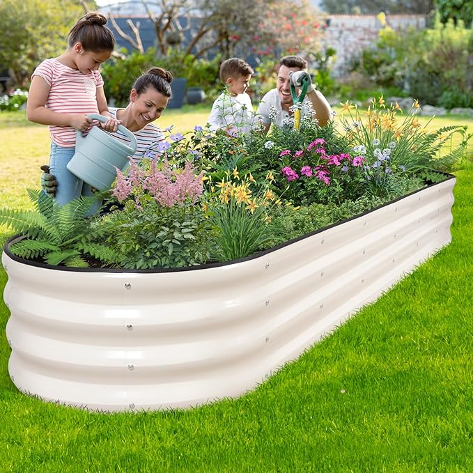 Galvanized Raised Garden Bed - 8×2×1ft Planter Raised Beds for Gardening | Oval Metal Garden Planter Box with Safety Edging and Bracing Rods for Vegetables Fruits and Flowers (White) BIRDSINYARD