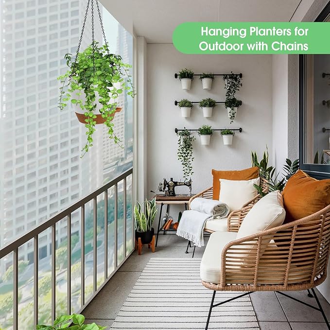Hanging Planters for Indoor Outdoor Plants, 2 Pack Self Watering Hanging Pots, Hanging Plant Baskets with Drainage Holes & 2 Types of Plant Hangers (White, 6'') Vanslogreen