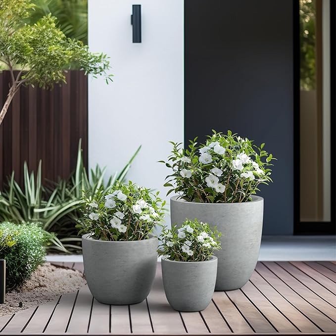 Kante 18",14",10" Dia Concrete Round Planters (Set of 3), Outdoor Indoor Large Planter Pots with Drainage Hole and Rubber Plug for Home Patio Garden, Natural Concrete Kante