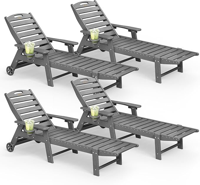 Lounge Chair Outdoor Set of 4 with Wheels, Adjustable 5-Position Chaise Lounge Outdoor, Patio Lounge Chair for Poolside Backyard, Grey Suunyn