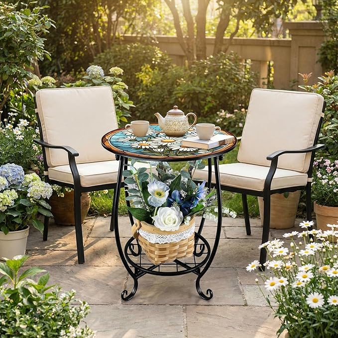 Outdoor Side Table Round Small Mosaic Patio Accent Indoor End Plant Coffee Tea Table for Yard Patio Porch Garden Living Room, Bedroom(Daisy Style,14 Inch) Cinnvoice