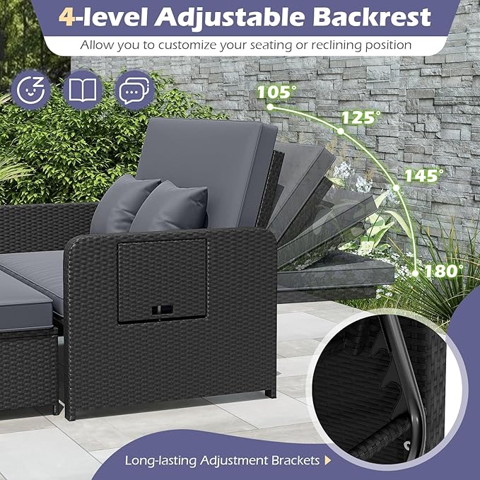 Tangkula Patio Rattan Daybed with 4-Level Adjustable Backrest, Outdoor PE Wicker Loveseat with Storage Ottoman & Folding Side Tray, Double Sunbed Lounger for Balcony, Backyard & Poolside (Grey) TANGKULA