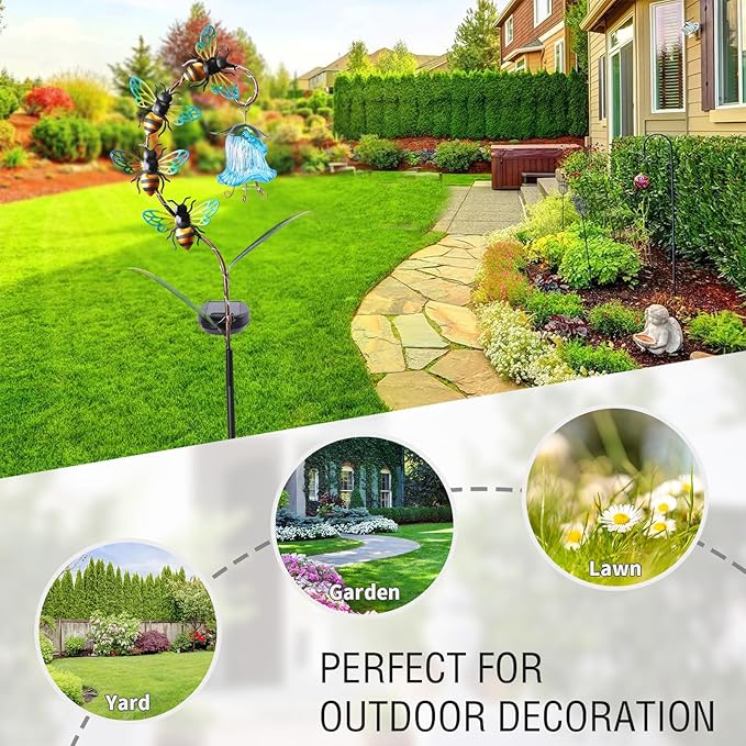 Afirst Decorative Solar Lights Outdoor Solar Bee Stake Light with Glass Flower Metal Decorative Garden Lights Outdoor Waterproof Stakes for Pathway Yard Lawn Decoration Mothers Day Mom Gifts Afirst