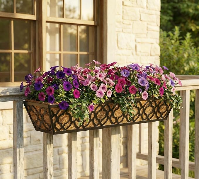 Y&M 2pcs 30" Window Boxes Horse Trough with Coconut Coir Liner,30 Inch Window Deck with Coco Liner, Black Metal Hanging Flower Planter Window Basket Deck Railing Planter Boxes for Outdoor Indoor YM