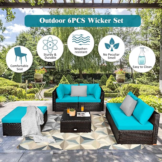 Tangkula 6 Piece Patio Furniture Set, Outdoor Deck Lawn Backyard Durable Steel Frame PE Rattan Wicker Sectional Sofa Set, Conversation Set with Coffee Table (Turquoise) TANGKULA