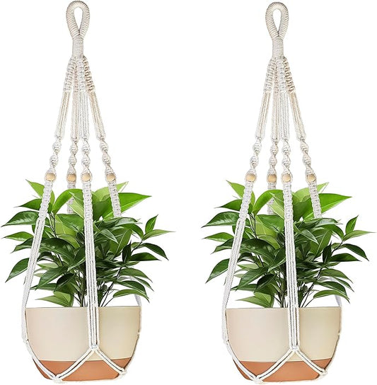 35 Inch Macrame Plant Hanger Indoor with Wood Beads and No Tassels,Strong Hanging Planter Flower Pot Holder for Indoor Outdoor Boho Home Decor,Set of 2,Ivory(Pots Not Included) Rootora