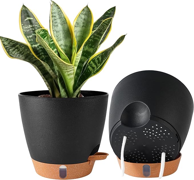 2 Pack 8 Inch Pots for Plants Indoor, Plastic Self Watering Planters with Drainage Holes, Water Level Indicator & Deep Reservoir, Decorative Flower Pots Indoor Outdoor Use (Black Fielda