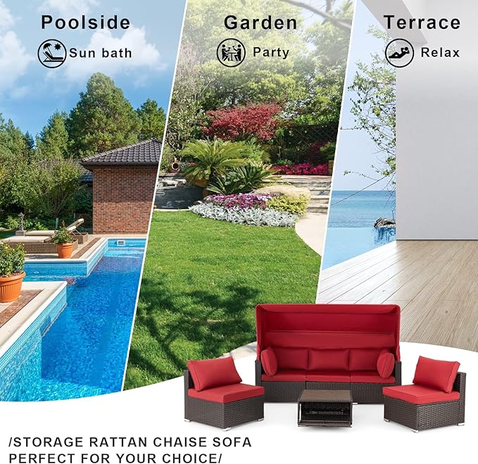 HOMREST 6 Pieces Patio Furniture Sets, Rattan Daybed with Retractable Canopy, Outdoor Sectional Sofa Set with Adjustable Backrest, Chaise Chair Sunbed for Garden Poolside Backyard(Red) HOMREST