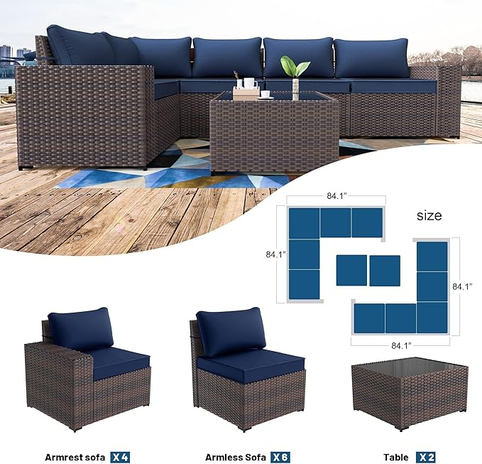 Kullavik 13PCS Outdoor Patio Furniture Set with 43" 55000BTU Gas Propane Fire Pit Table PE Wicker Rattan Sectional Sofa Patio Conversation Sets,Navy Blue KULLAVIK