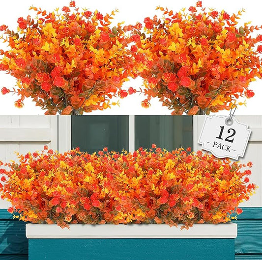 AGIRL 12 Bundles Artificial Fall Flowers Outdoor Indoor Decoration,No Fade Autumn Fake Plastic Plants with Eucalyptus Leaves,Faux Mums for Thanksgiving Garden Front Door Porch Patio Fall Decor AGIRL