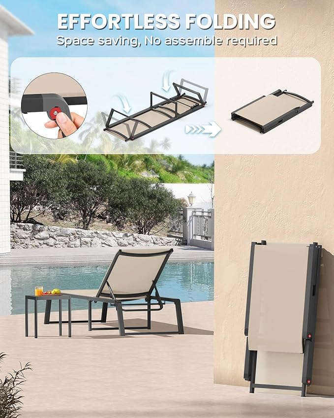 Aluminum Chaise Lounge Chair Outdoor, Foldable & No Assembly Patio Pool Lounge Chairs 5-Position Recliner for Outside Poolside, Fully Grounded Legs Sun Lounger for Beach, Yard, Khaki Oasbira