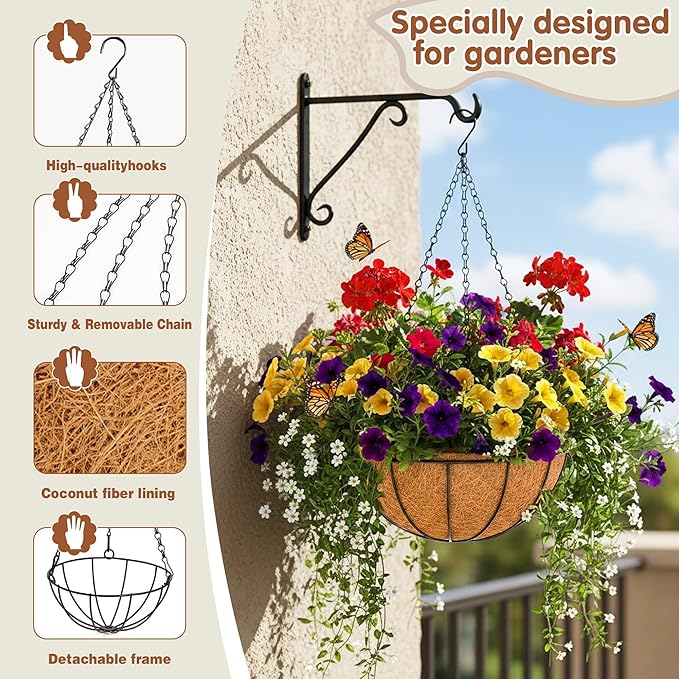 8 inch Metal Hanging Baskets For Plants Outdoor 4 Pack Round Metal Wire Hanging Basket Planter with Coco Fiber Liners Chain Round Wire Plant Holder for Garden, Patio, Deck, Porch Plants Flower Potss JFFLYIT