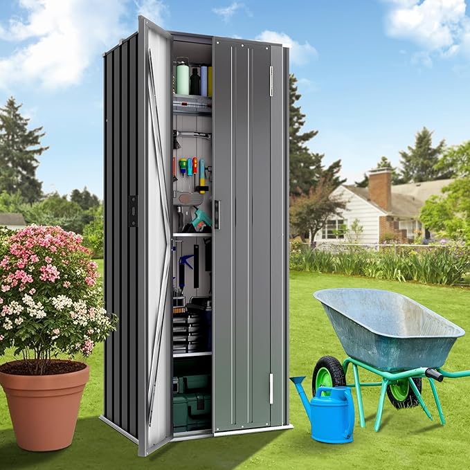 Greesum Outdoor Metal Storage Cabinet, 69'' Lockable Tall Shed, Vertical Tool Organizer with 2 Adjustable Shelves, for Garage, Patio, Backyard, Home & Lawn, Black BuynowfromGreesum