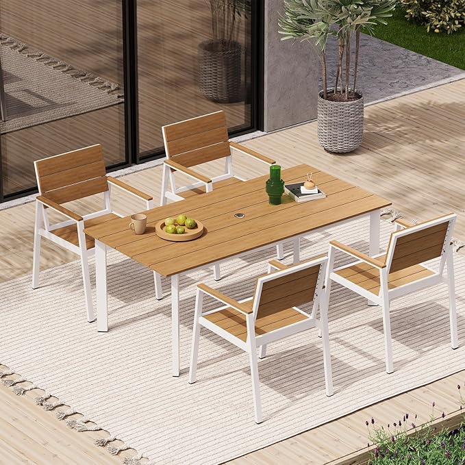 67"*32.3"*29.5" Patio Dining Table, Seamless Rectangle Aluminum + HDPS Outdoor Patio Dining Table with Umbrella Hole, Weather-Resistant for Lawn, Garden, Yard and Indoor Use (White & Teak) Oasbira
