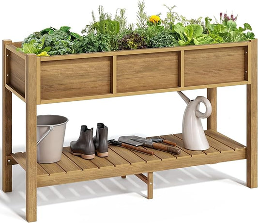 YITAHOME Raised Garden Bed Outdoor HDPE with Shelf, 48x18x30in Poly-Wood Weather-Resistant Elevated Planter Box with Legs for Vegetable Flower, Herb Garden Bed for Backyard Balcony Garden, Brown YITAHOME