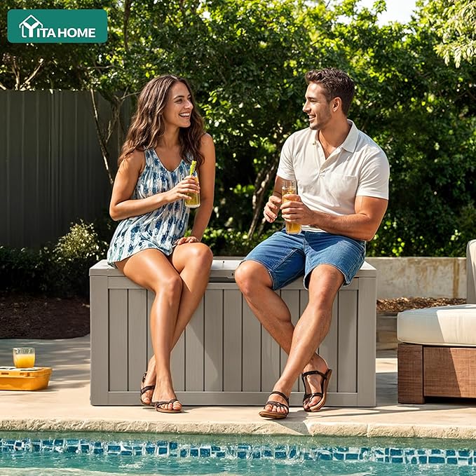 YITAHOME 72 Gallon Outdoor Resin Deck Box with Wheels, Pool Storage Box for Outdoor Cushions, Sports Equipment, Garden Tools, Light Brown YITAHOME