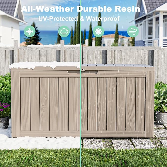 EasyUp 80 Gallon Resin Deck Box Storage Outdoor Waterproof Boxes Lockable UV Resistant Container for Patio Furniture Cushions Pool Supplies Garden Tool, Equipment Outside Storage Delivery, Gray EASYUP