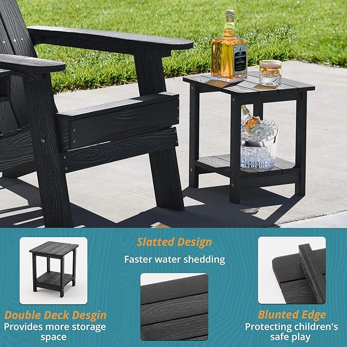 LUE BONA Adirondack Outdoor Side Table, 2-Tier Black HDPS Patio End Table Weather Resistant, Morden Side Table for Patio, Pool, Porch LUEBONA
