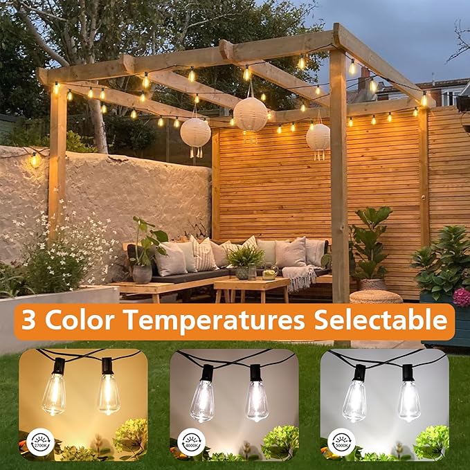 Brightever 150FT Outdoor Lights with Remote, 2700K/4000K/5000K Selectable LED String Lights for Outside with 75+2 ST38 Shatterproof Edison Bulbs, 3 Modes Dimmable Waterproof Hanging Lights for Patio Brightever