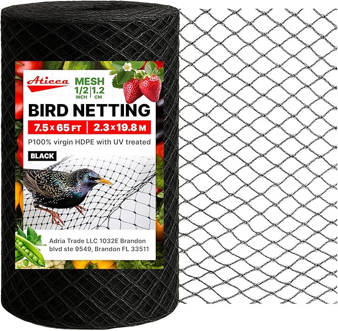 Heavy Duty Bird Netting for Garden Protection & Fruit Trees, 7.5x65 Ft with 10 Stakes – Black Anti-Bird Net for Poultry, Deer, & Squirrel Protection, Durable Nylon Mesh for Garden and Yard Use Aticca