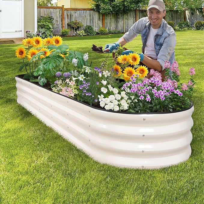 Galvanized Raised Garden Bed - 8×2×1ft Planter Raised Beds for Gardening | Oval Metal Garden Planter Box with Safety Edging and Bracing Rods for Vegetables Fruits and Flowers (White) BIRDSINYARD