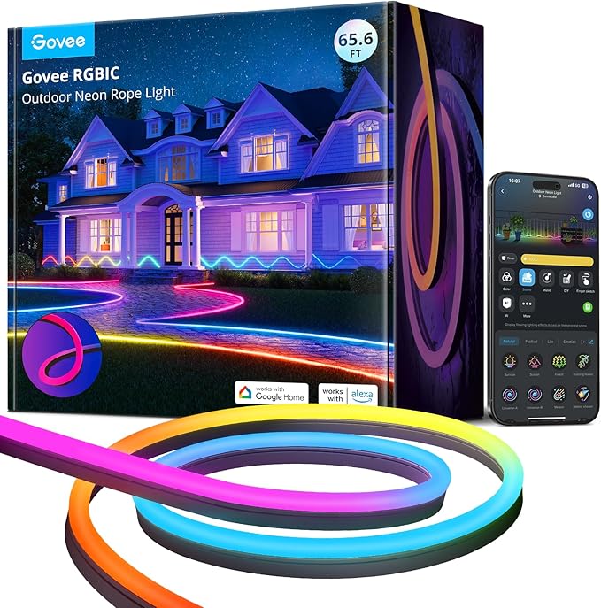 Govee Outdoor Neon Rope Lights, 65.6ft RGBIC IP67 Waterproof Outdoor Decorations with 64 Scene Modes, Music Sync, Flexible LED Lights, Neon Lights Work with Alexa, Google Assistant Govee