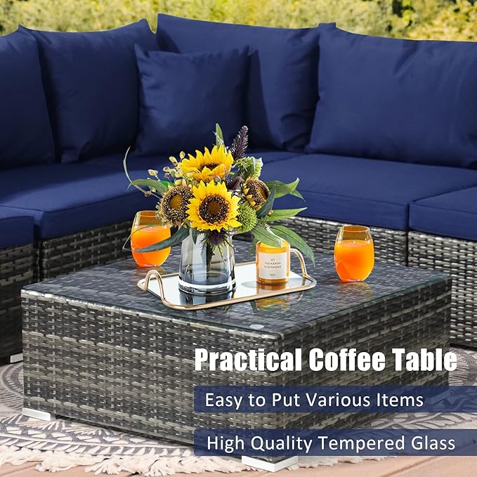 Tangkula 7 Pieces Wicker Patio Furniture Set, All-Weather Outdoor Rattan Sectional Sofa Set with Cushions & Tempered Glass Coffee Table, Outside Sofa Set for Garden, Lawn, Deck, Backyard (Navy) TANGKULA