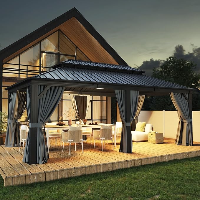 Aoxun 12' X 20' Hardtop Gazebo, Galvanized Steel Double Top, Aluminum Metal Gazebo with Curtains and Netting, Permanent Canopy Pavilion for Wedding, Party, Outdoor Dining Aoxun