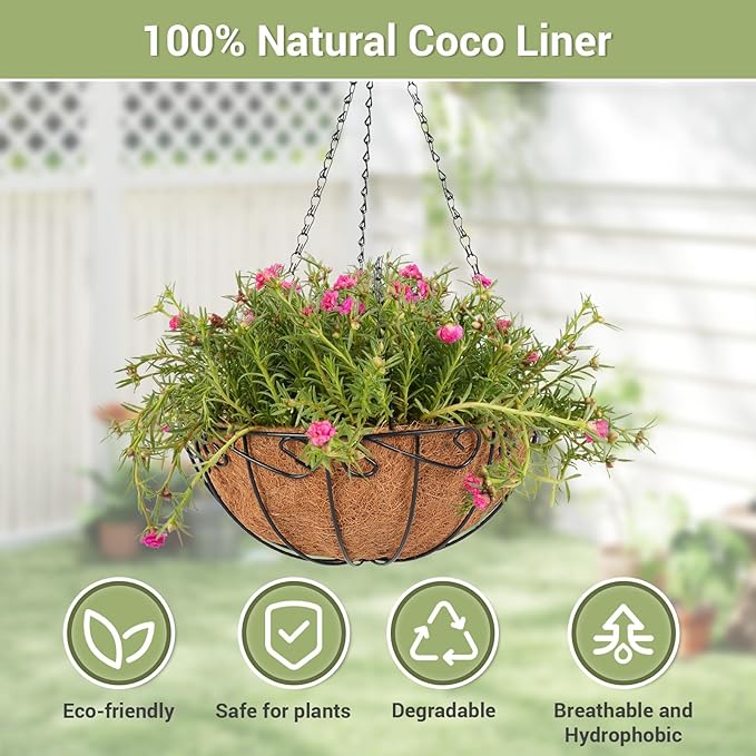 2 Pack 14 inch Metal Hanging Baskets for Plants Outdoor, Hanging Planters Basket with Coco Liners, Hanging Baskets Flower Pots for Garden, Patio, Deck, Porch Plants Dovesail