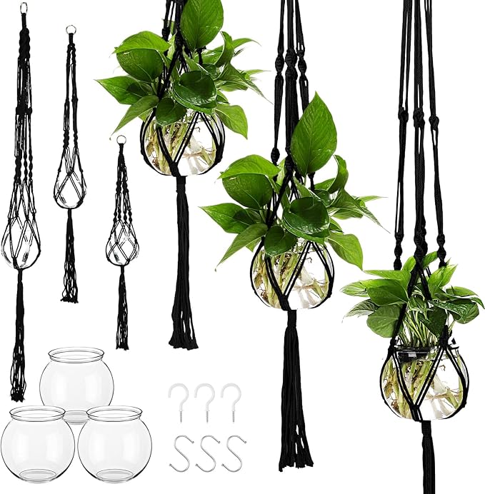 6 Pcs Plastic Plant Propagation with Boho Macrame Hanger Wall Plant Propagation Station Hanging Holder Include Hooks Kit for Indoor Home Garden Office Decor 3 Size (Black) Colingmill