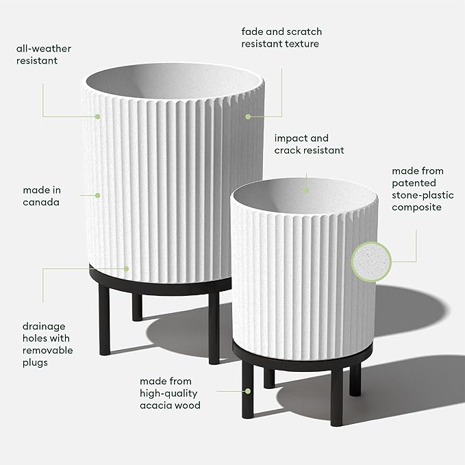 Veradek Demi Series Round Planter w/Stand for Porch/Patio | Durable Plastic-Stone Composite & Wooden Stand | Modern Décor for Tall Plants, Flowers VeradekOutdoor