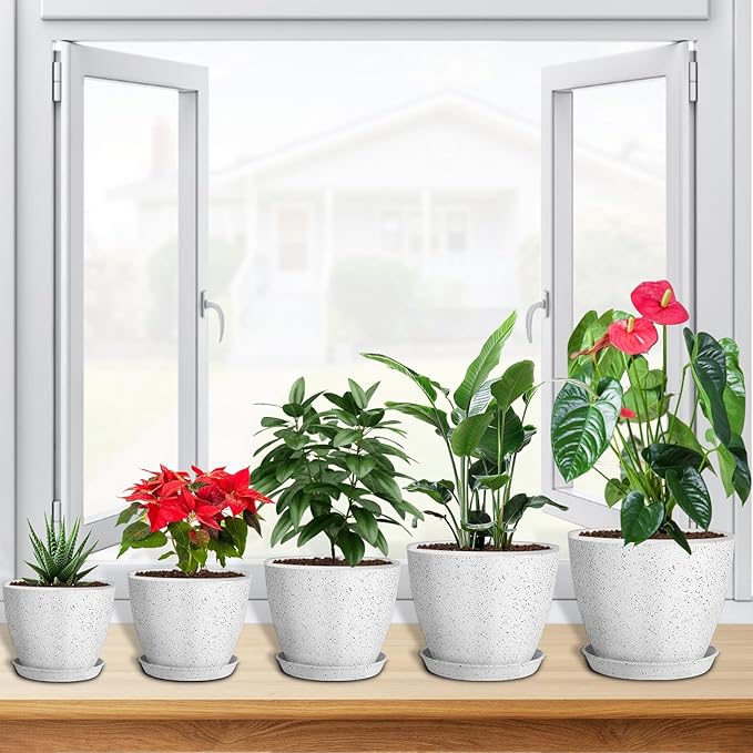 5 Pcs Plant pots, 7.5/6.5/5.7/4.9/4.1 inch Pots for Plants, Flower Pot Indoor Modern Decorative Plant Pot, Plant Pots Indoor with Drainage and Saucer for All House Plants, Spray Spots LOKEISNA