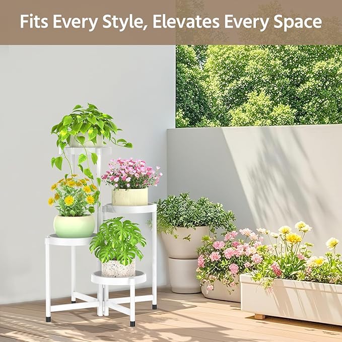 LASZOLA 4 Tiered Folding Plant Stand Indoor for Multiple Large Planter, Tall Heavy Duty Adjustable Rack with Rust Proof Plastic Shelving, Sturdy Vertical Tree Organizer for Narrow Inside Floor, White LASZOLA